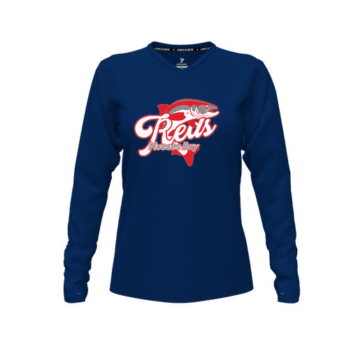 [CUS-DFW-TEES-CMF-VNK-LSL-NVY-FYXS-LOGO1] Decker Comfort T-Shirt (Female Youth XS, Navy, V Neck, Logo 1, Long Sleeve)